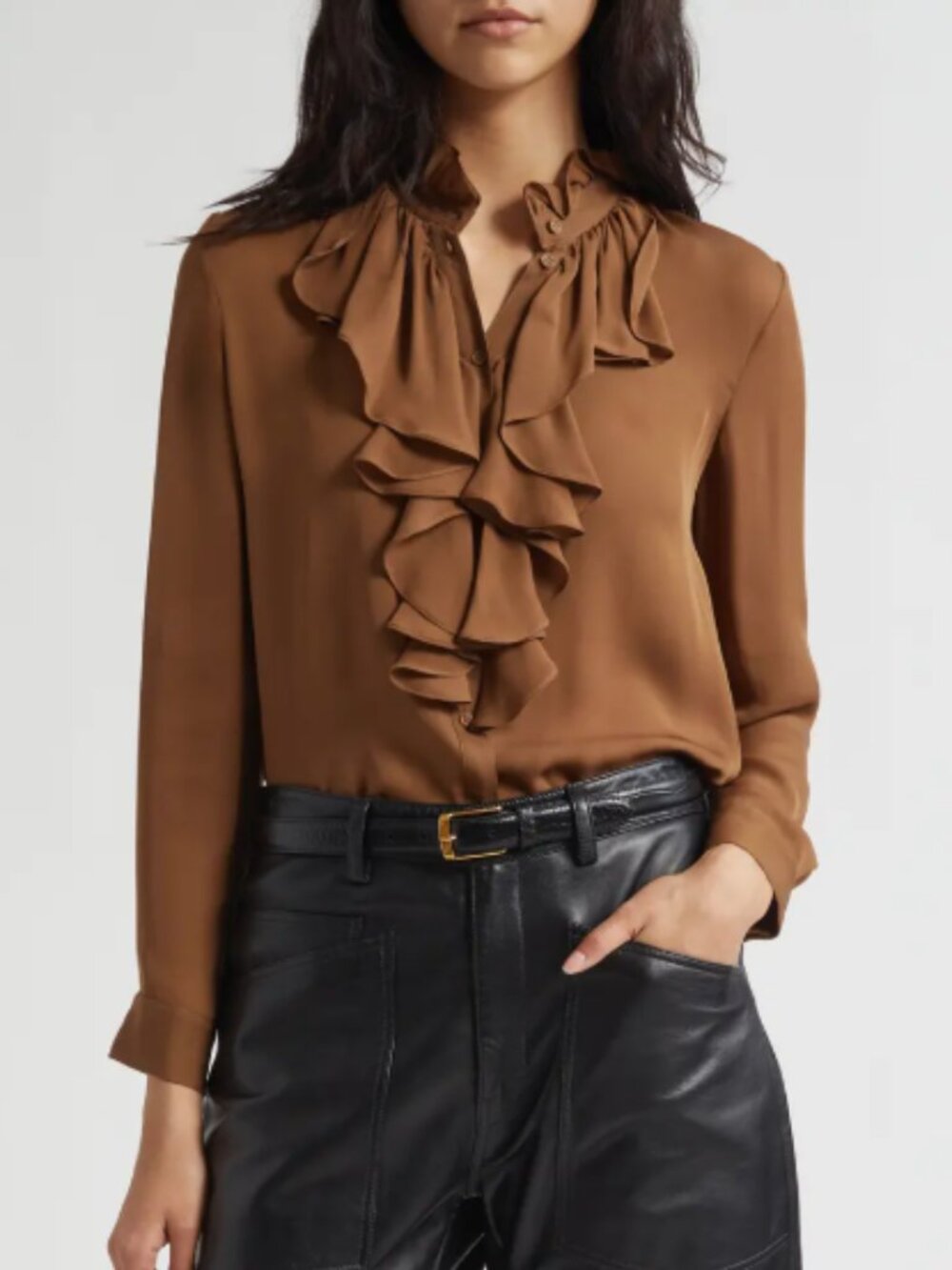 Nili Lotan Lily Ruffle Silk Shirt – Cognac – Small – 100% Silk Blouse